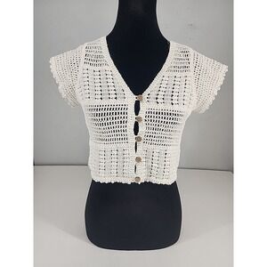 Rebellion Again White Crochet Button Front Crop Top Boho Festival Womens OS